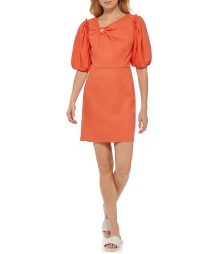 DKNY Ring Puff Sleeve Linen Blend Sheath Minidress - Orange