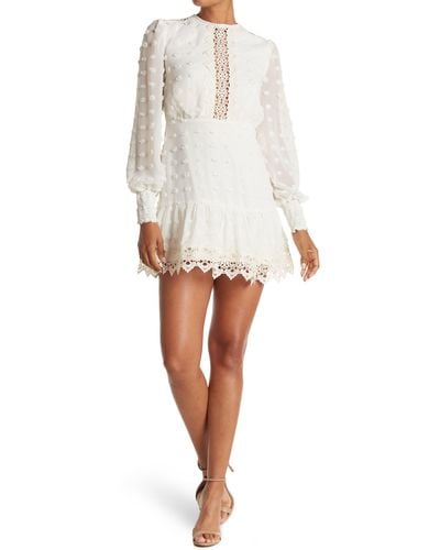 Love By Design Rina Long Sleeve Dotted Chiffon Lace Trim Dress - White