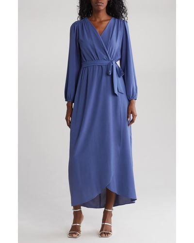 Connected Apparel Faux Wrap Long Sleeve Maxi Dress - Blue