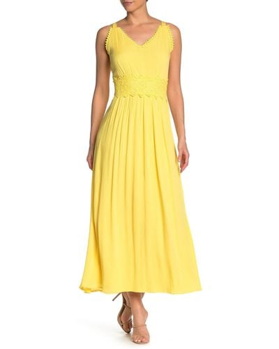 Nina Leonard Sleeveless Lace Trim Maxi Dress - Yellow