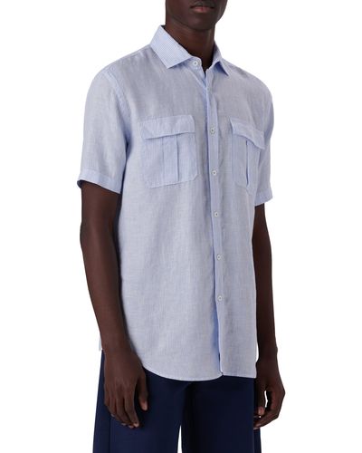 Bugatchi Shaped Fit Stripe Linen Short Sleeve Button-up Shirt - Blue