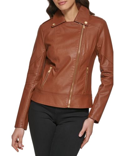 Guess Faux Leather Asymmetrical Moto Jacket - Brown