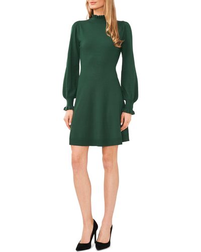 Cece Mock Neck Long Sleeve Fit & Flare Sweater Dress - Green