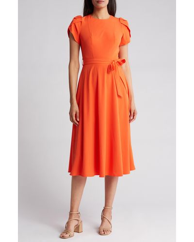 Calvin Klein Comm Tie Waist Tulip Sleeve Dress - Orange
