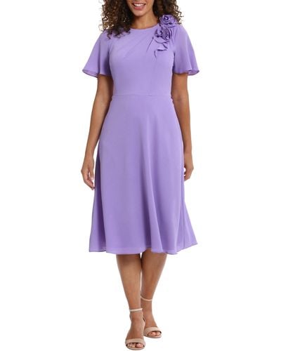 London Times Rosette Flutter Sleeve Dress - Purple