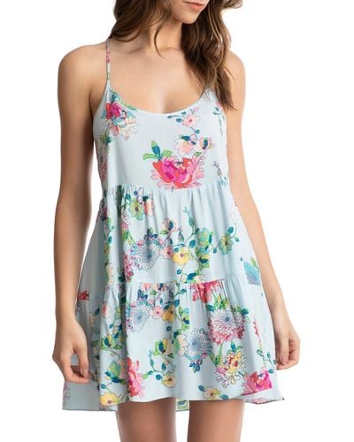 In Bloom Challis Floral Print Tiered Chemise - Blue