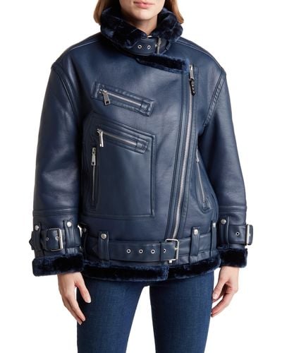 Rebecca Minkoff Oversize Faux Leather Moto Jacket With Faux Shearling Lining - Blue