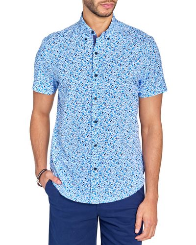 Con.struct Slim Fit Floral Four-way Stretch Short Sleeve Button-down Shirt - Blue
