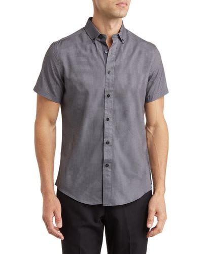 Report Collection Recycled 4-way Mini Geo Print Short Sleeve Sport Shirt - Gray