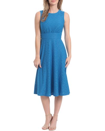 London Times Embroidered Eyelet Sleeveless Fit & Flare Dress - Blue