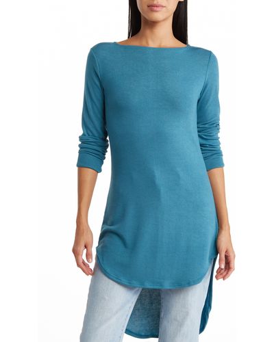 Go Couture Boatneck High/low Hem Tunic Top - Blue