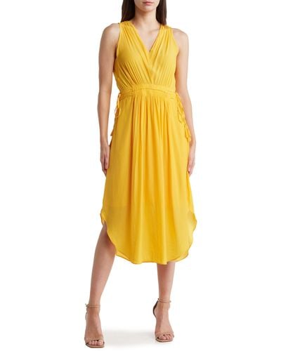 Tahari V-neck Sleeveless Drawstring Waist Midi Dress - Yellow