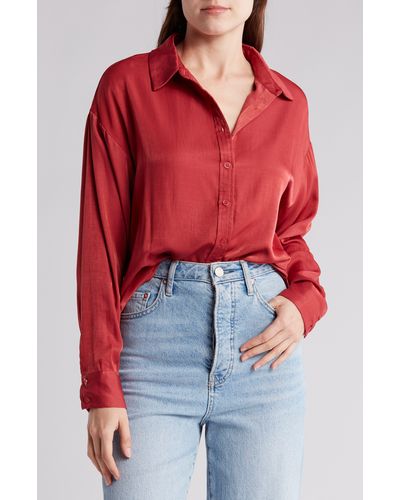 Lulus Satin Long Sleeve Shirt - Red