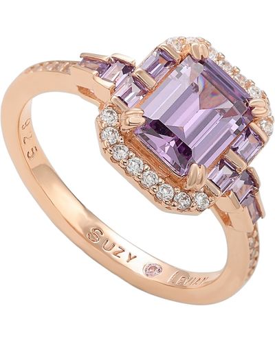 Suzy Levian Rose Gold Plated Sterling Silver Emerald Cz Ring - Purple