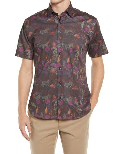 JEFF Winey Roads Floral Short Sleeve Stretch Button-up Shirt - Multicolor
