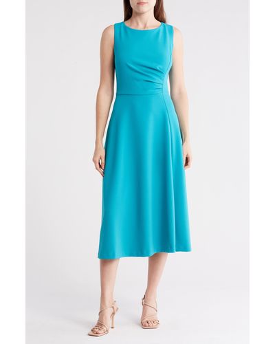 DKNY Sleeveless Ruched A-line Midi Dress - Blue