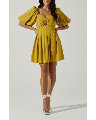 Astr Serilda Puff Sleeve Pleated Minidress - Yellow