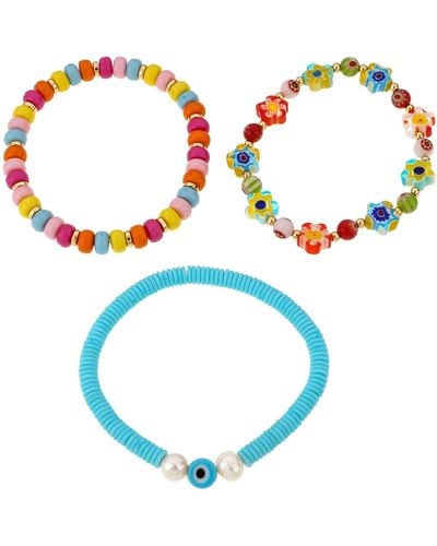 Ettika Set Of 3 Rainbow Beaded & 6-6.5mm Cultured Freshwater Pearl Stretch Bracelets - Blue