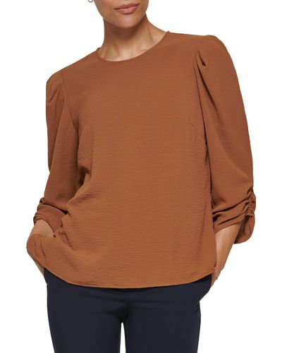 DKNY Ruched 3/4 Sleeve Blouse - Brown