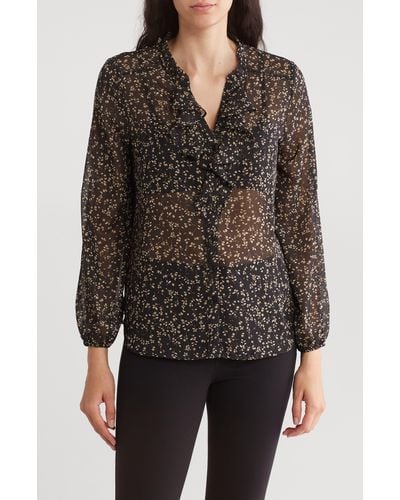 Pleione Ruffle Long Sleeve Button Front Blouse - Black