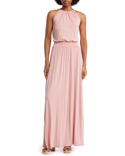 Go Couture Halter Neck Blouson Maxi Dress - Pink