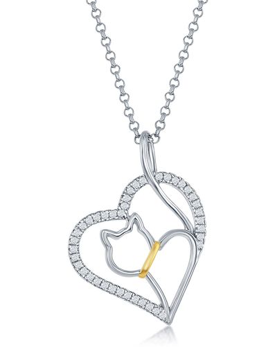 Simona Sterling Silver Heart & Cat Pendant Necklace - Metallic