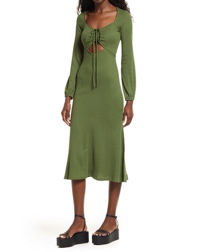 TOPSHOP Cutout Detail Ribbed Long Sleeve Dress - Green