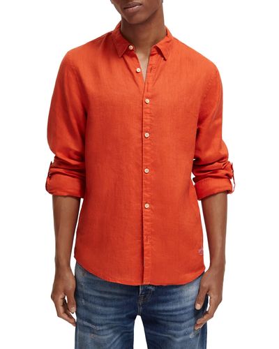 Scotch & Soda Linen Roll Sleeve Button-down Shirt - Orange