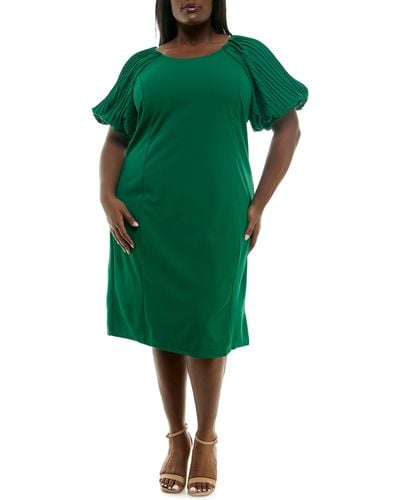 Nina Leonard Pleat Puff Sleeve Midi Dress - Green