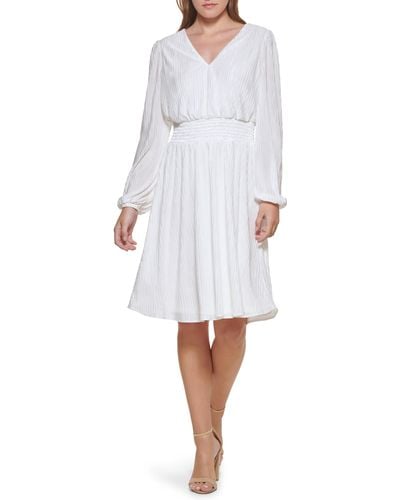 Kensie Pleated V-neck Long Sleeve A-line Dress - White