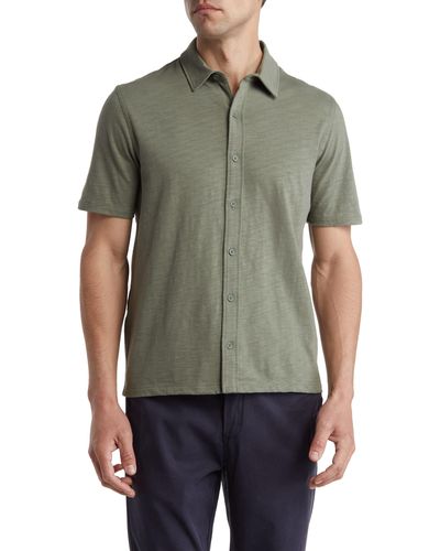 Vince Slub Knit Short Sleeve Cotton Button-up Shirt - Green