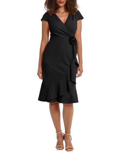 London Times Rosette Ruffle Cap Sleeve A-line Dress - Black