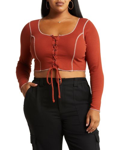BP. Lace-up Organic Cotton Blend Top - Red