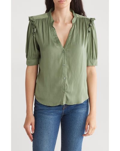 Melrose and Market Ruffle Sleeve Split Neck Button-up Top - Green