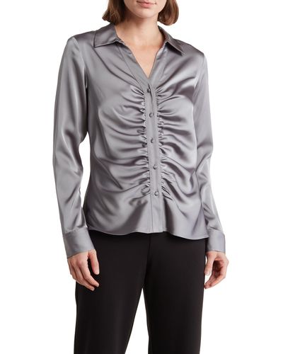 Calvin Klein Ruched Long Sleeve Satin Button-up Shirt - Gray