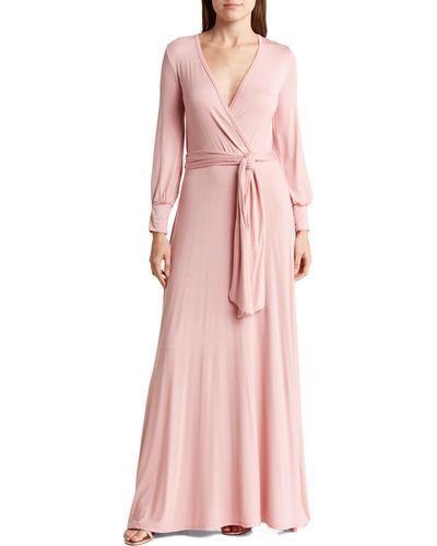 Go Couture Long Sleeve Faux Wrap Maxi Dress - Pink