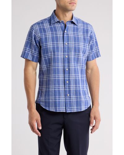 David Donahue Plaid Poplin Casual Short Sleeve Cotton Button-up Shirt - Blue