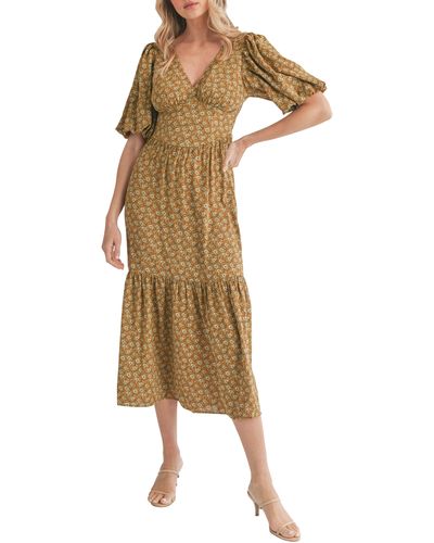 Lush Bubble Sleeve Tiered Midi Dress - Natural