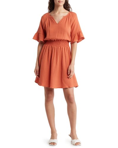West Kei Short Sleeve Gauze Fit & Flare Dress - Orange