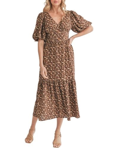 Lush Bubble Sleeve Tiered Midi Dress - Brown