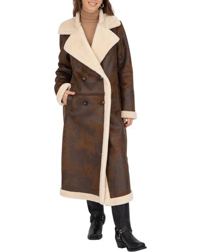 Frye Faux Shearling Double Breasted Trench Coat - Brown