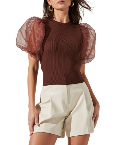 Astr Avery Organza Puff Sleeve Open Back Top - Brown