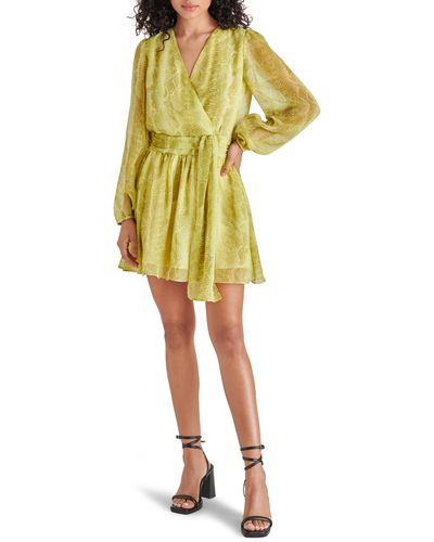Steve Madden Snakeskin Print Long Sleeve Chiffon Faux Wrap Dress - Yellow