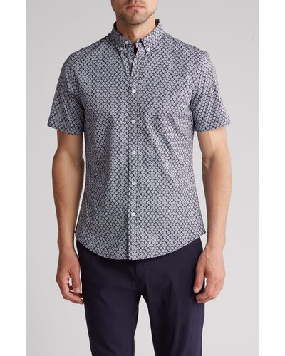 14th & Union Poplin Ditsy Short Sleeve Stretch Cotton Button-up Shirt - Gray
