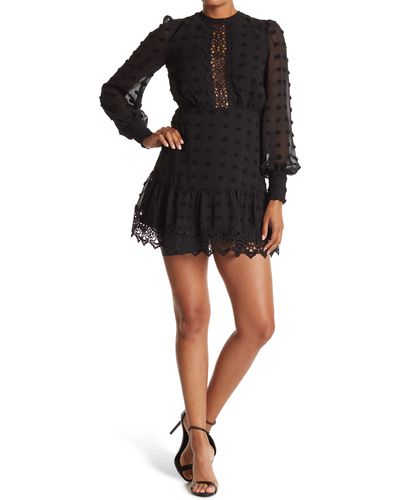 Love By Design Rina Long Sleeve Dotted Chiffon Lace Trim Dress - Black