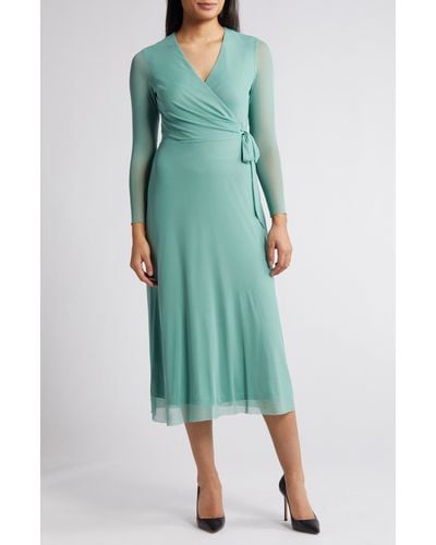 Anne Klein Long Sleeve Midi Wrap Dress - Green