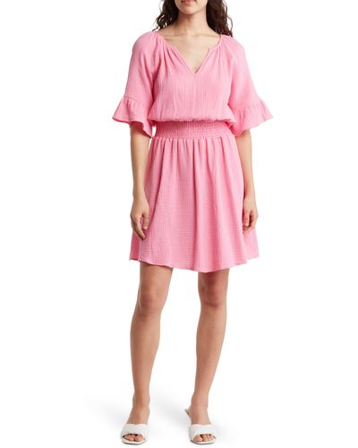 West Kei Short Sleeve Gauze Fit & Flare Dress - Pink