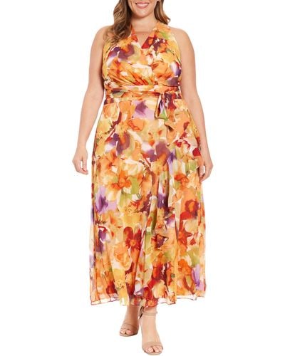London Times Floral Sleeveless Chiffon Maxi Dress - Orange