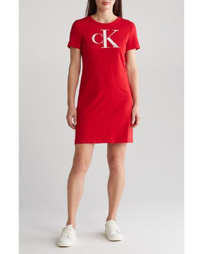 Calvin Klein Logo Stretch Cotton T-shirt Dress - Red