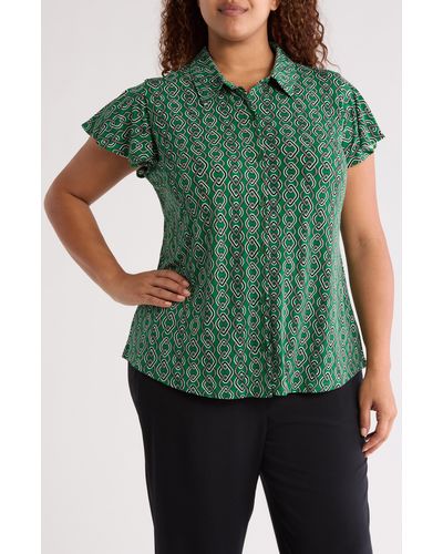 Adrianna Papell Flutter Sleeve Button-up Shirt - Green